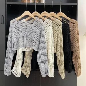 Slim Fit V-Neck Knitwear Women's Short Style Summer New Korean Version Versatile Body-Shaping Top Hollow out Belted Sweater
