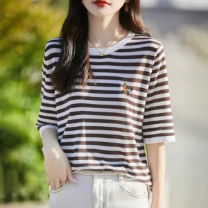 Summer New round Neck Striped Knitwear Short Sleeve Embroidered Tencel Lyocell Rainbow Horse Stitch Women's Crew Neck Top