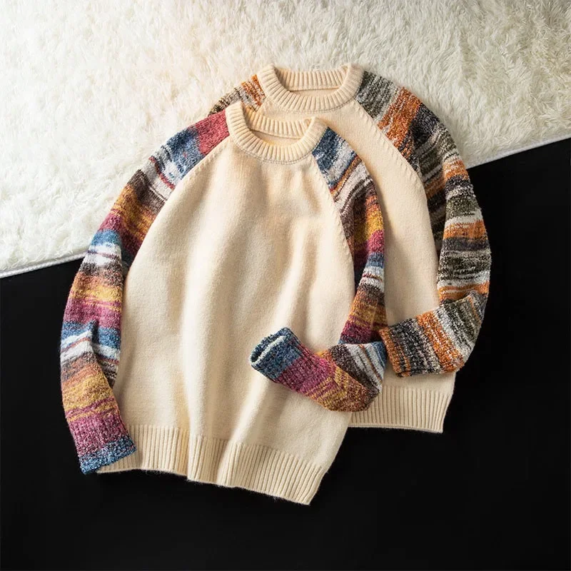 Trendy Patchwork Color Block Shoulder Insert Knitwear Loose round Neck Male Style Spring Autumn Lazy Couple Outerwear - Image 4