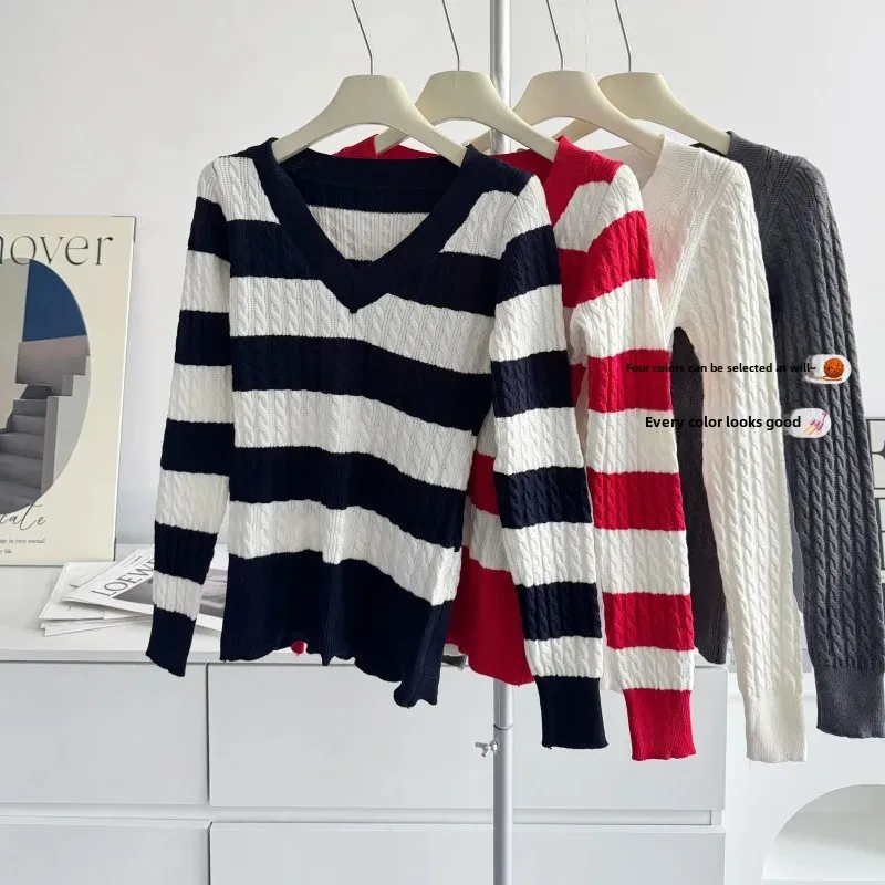 Four-Color Knitted Long-Sleeve Cotton Yarn Sweater Thin Korean Style Striped Pure Cotton Feeling Twist Knitwear Top - Image 3