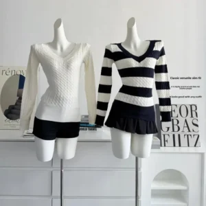 Four-Color Knitted Long-Sleeve Cotton Yarn Sweater Thin Korean Style Striped Pure Cotton Feeling Twist Knitwear Top