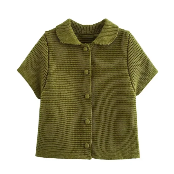 Simple Short Sleeve Pure Color Collar Buttoned Sweater for Women Autumn New Style Versatile Single Row Buckle Knitwear - Image 2