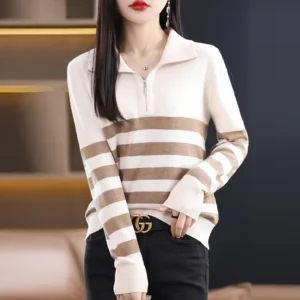 Women's Loose Fit Half Zip Knitwear Woolen Sweater Casual Striped Base Layer Top Full Sleeve Polyester Fiber Collared Jumper