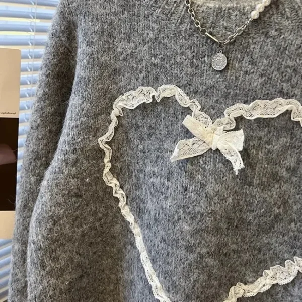Loose Crew Neck Lace Heart Sweater Women's Fashion Autumn Winter New Style Korean round Neck Pullover Soft Comfortable Knitwear - Image 5