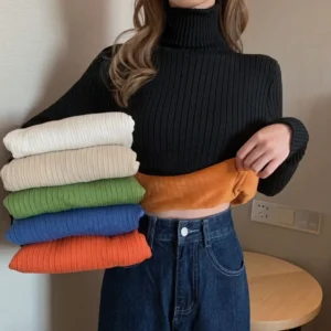 High Neck Long Sleeve Fleece Lined Slim Fit Knitwear Base Shirt Korean Style Autumn Winter New Arrival Women's Pullover Top