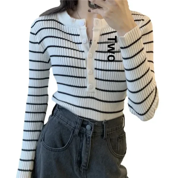 Slim Fit Striped Knitwear Top for Women Spring Autumn Korean Style Basic Essential Sweater Student Fashionable Base Shirt - Image 5