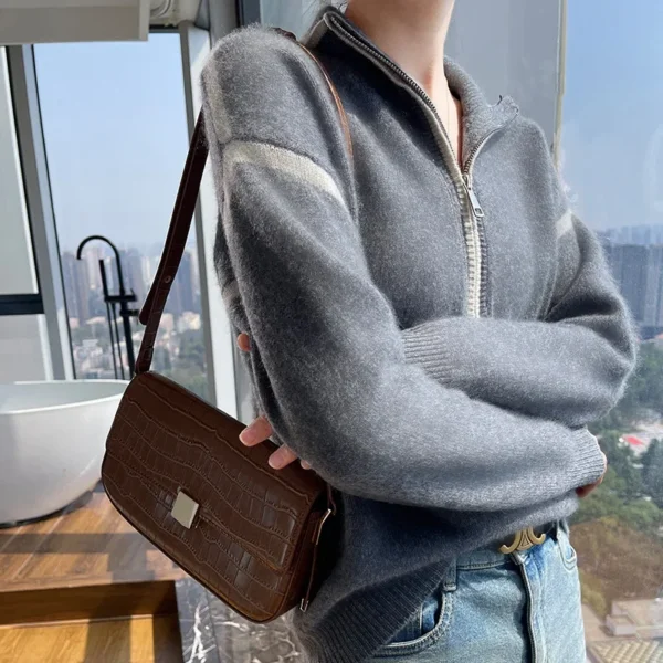 Women's Loose Knitted Wool Sweater Autumn Winter Half High Collar Zipper Pure Wool Base Layer Pullover Color Block Knitwear - Image 3